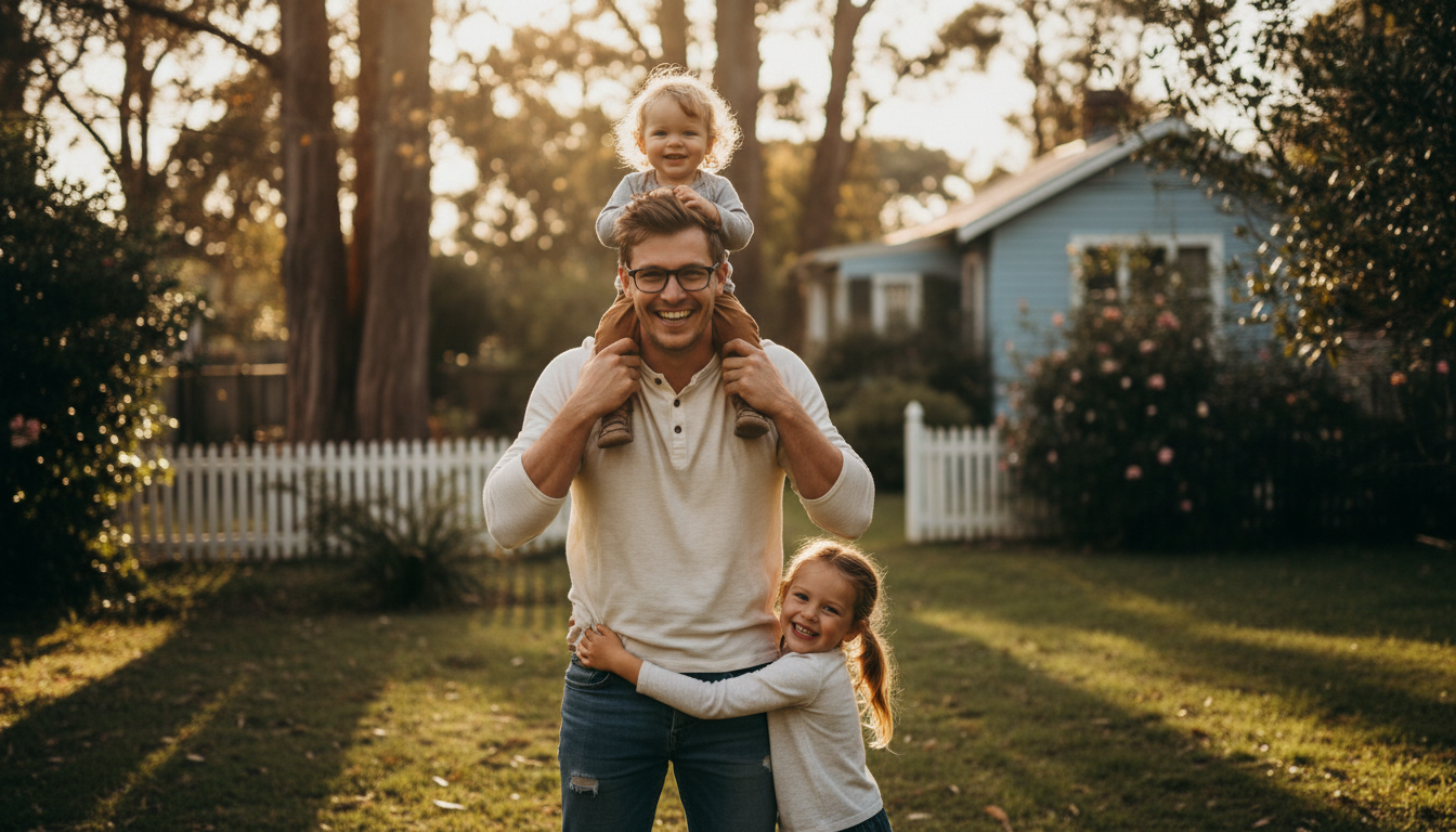 Happy New Zealand father with his two children in their backyard