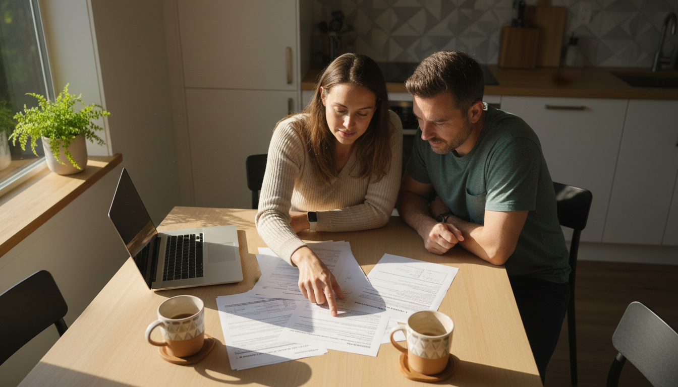 Couple reviewing insurance paperwork with laptop at kitchen table